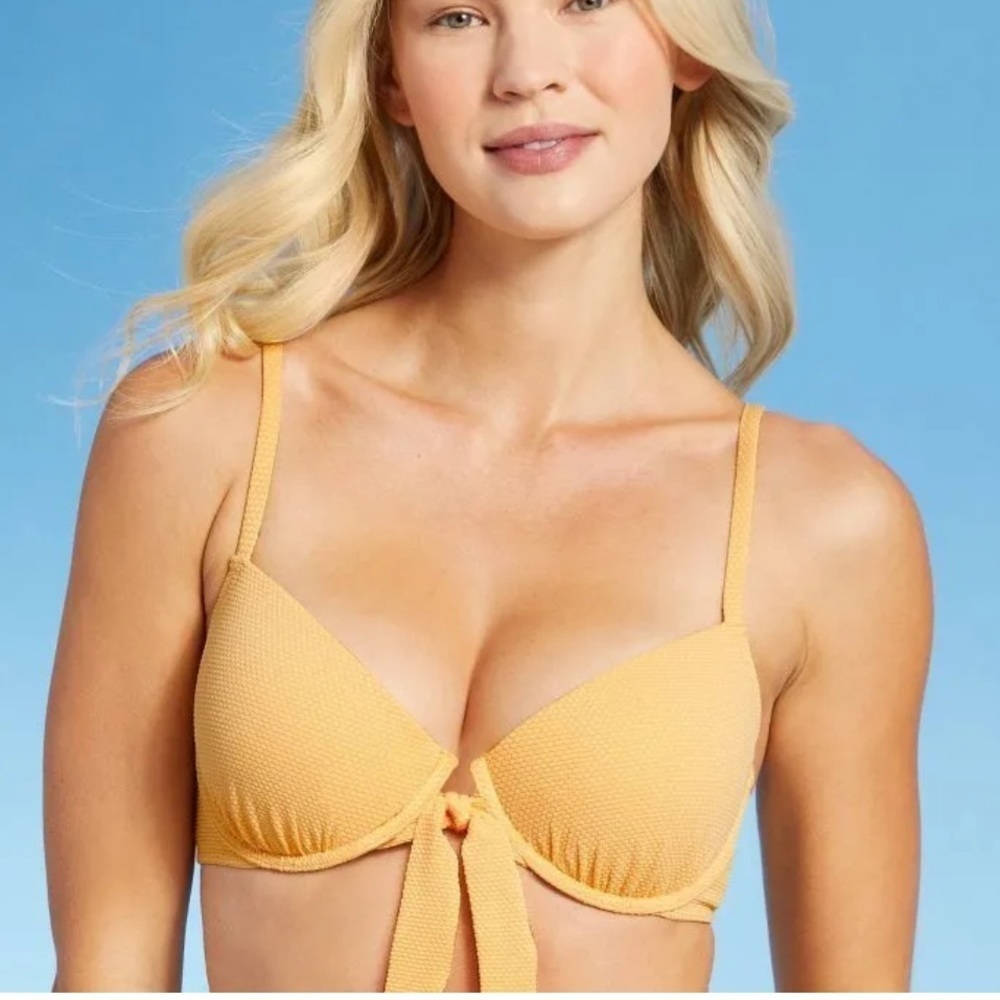 𝅺women's Light Lift Tie-Front Pique Textured Bikini Top Shade & Shore Yellow